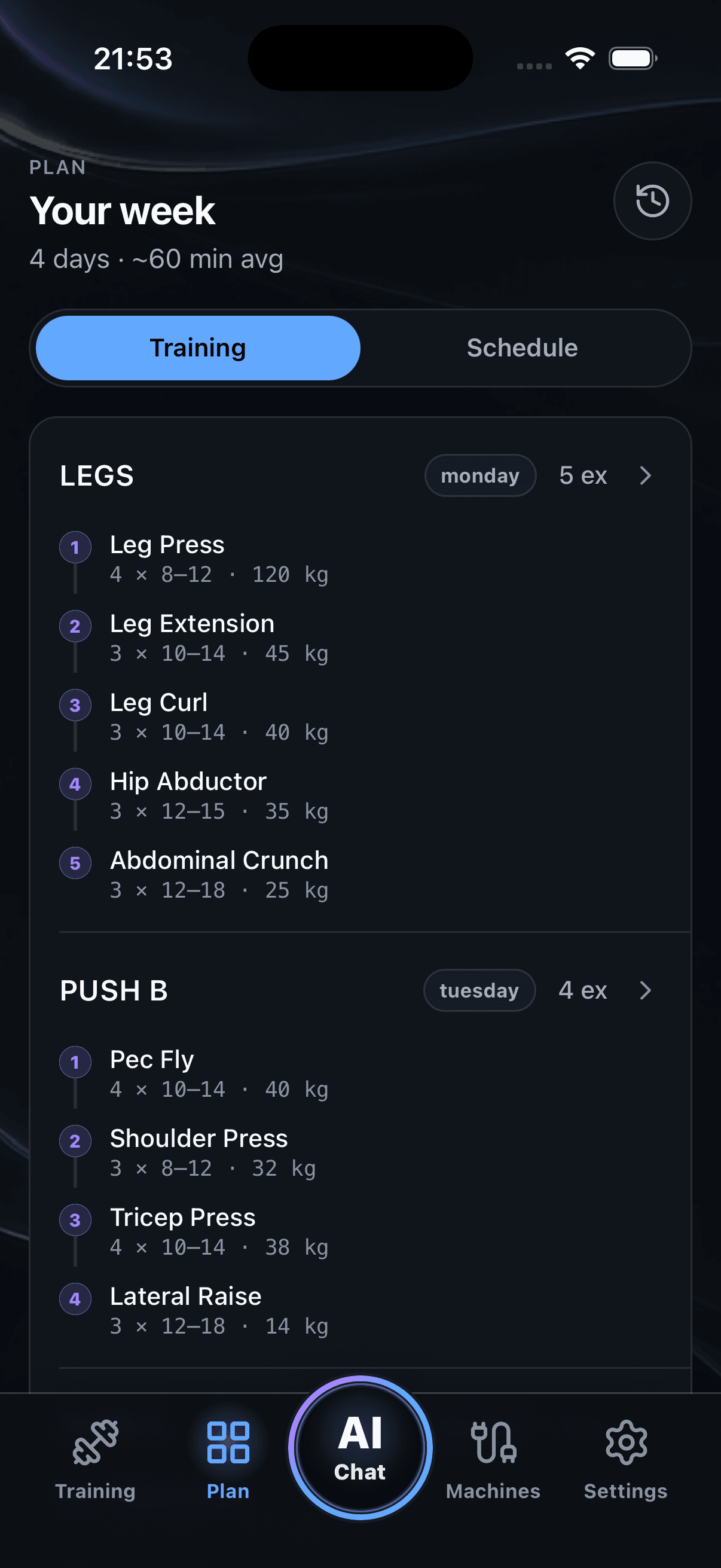 Weekly plan view with five training days